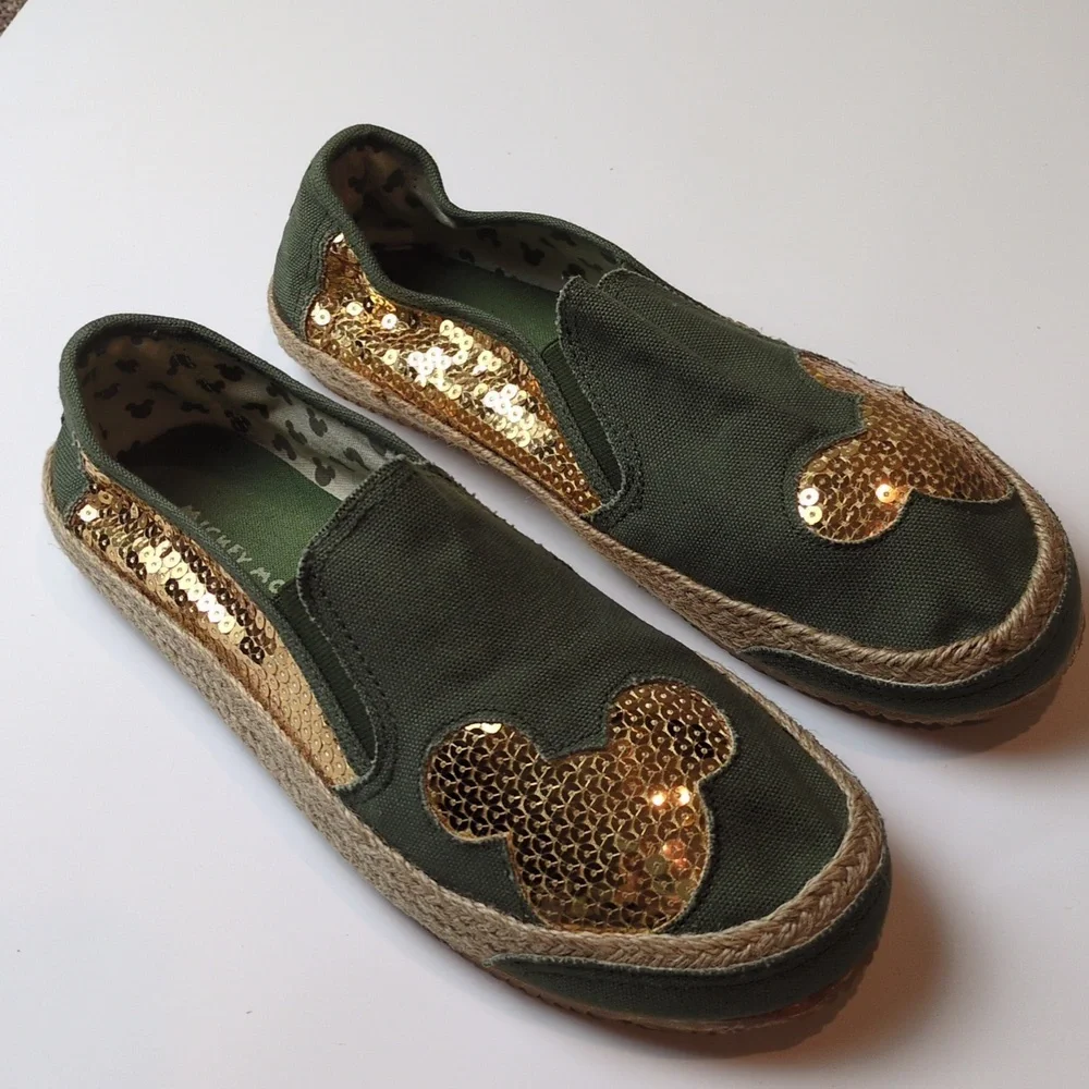 Disney Mickey Mouse Women's Olive Green Gold Sequin Espadrille Slip On Shoes 10